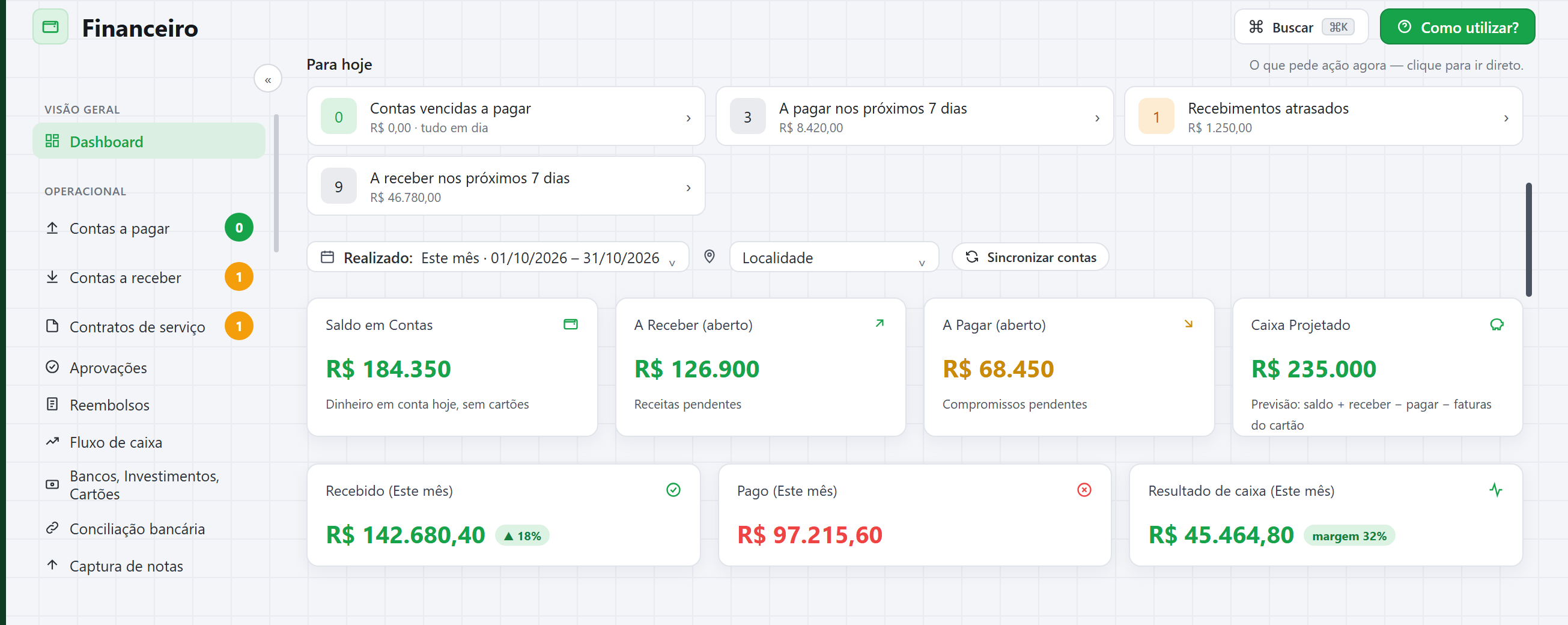 Módulo financeiro do SIGO Plus com contas a pagar e a receber, saldos e resultados de caixa